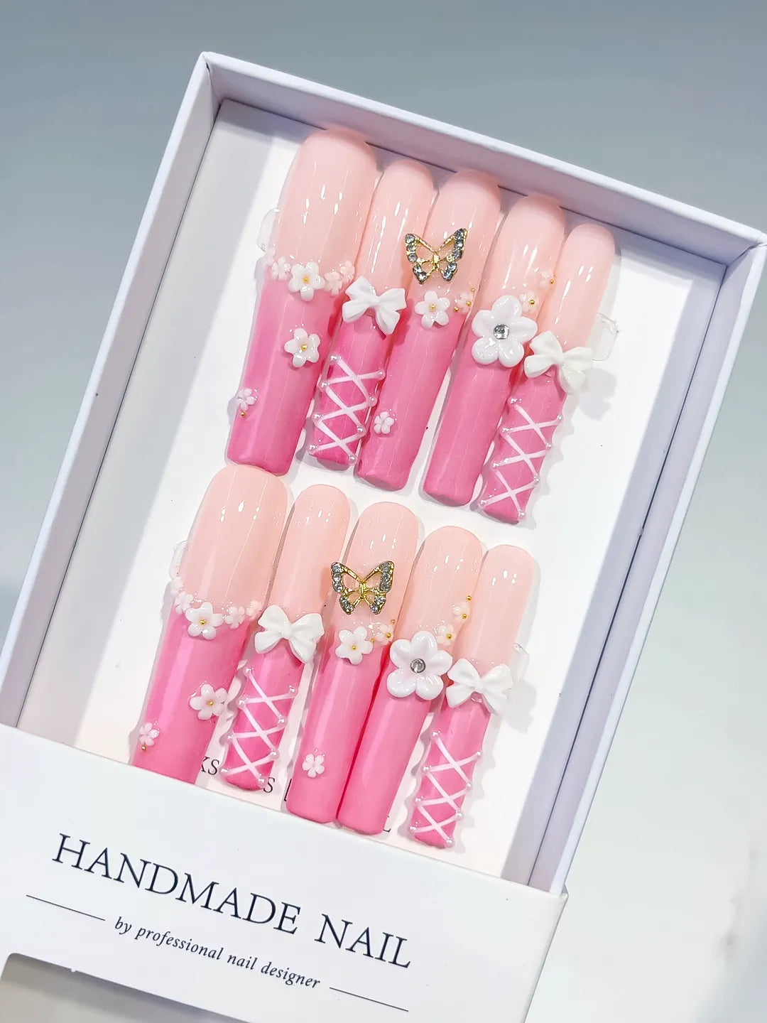 Pink White Gold Ombre Butterfly Bow Flower 3D press on nails