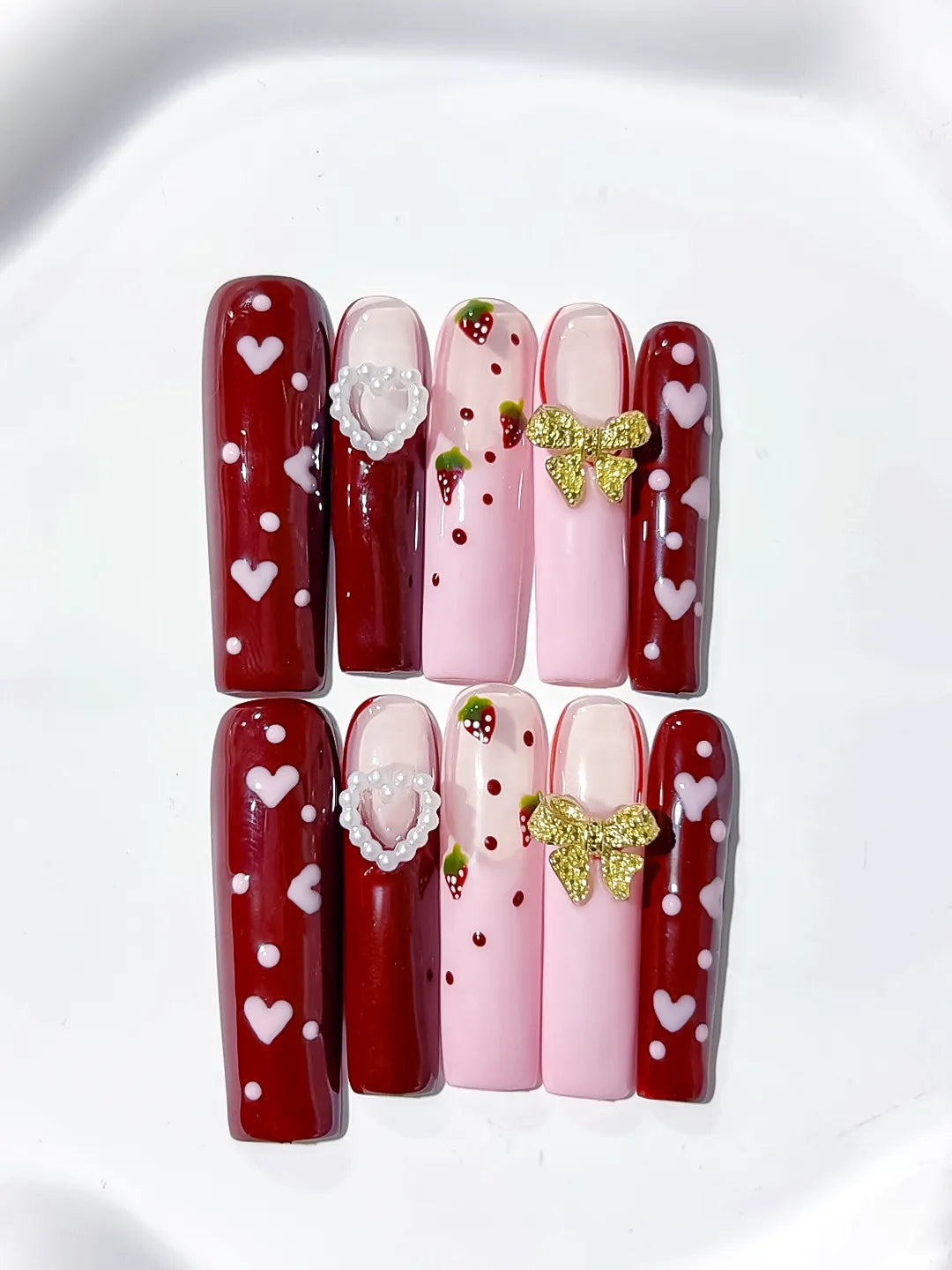 Red Pink White Gold Green Floral Heart Strawberry Bow Pearl 3D press on nails close up