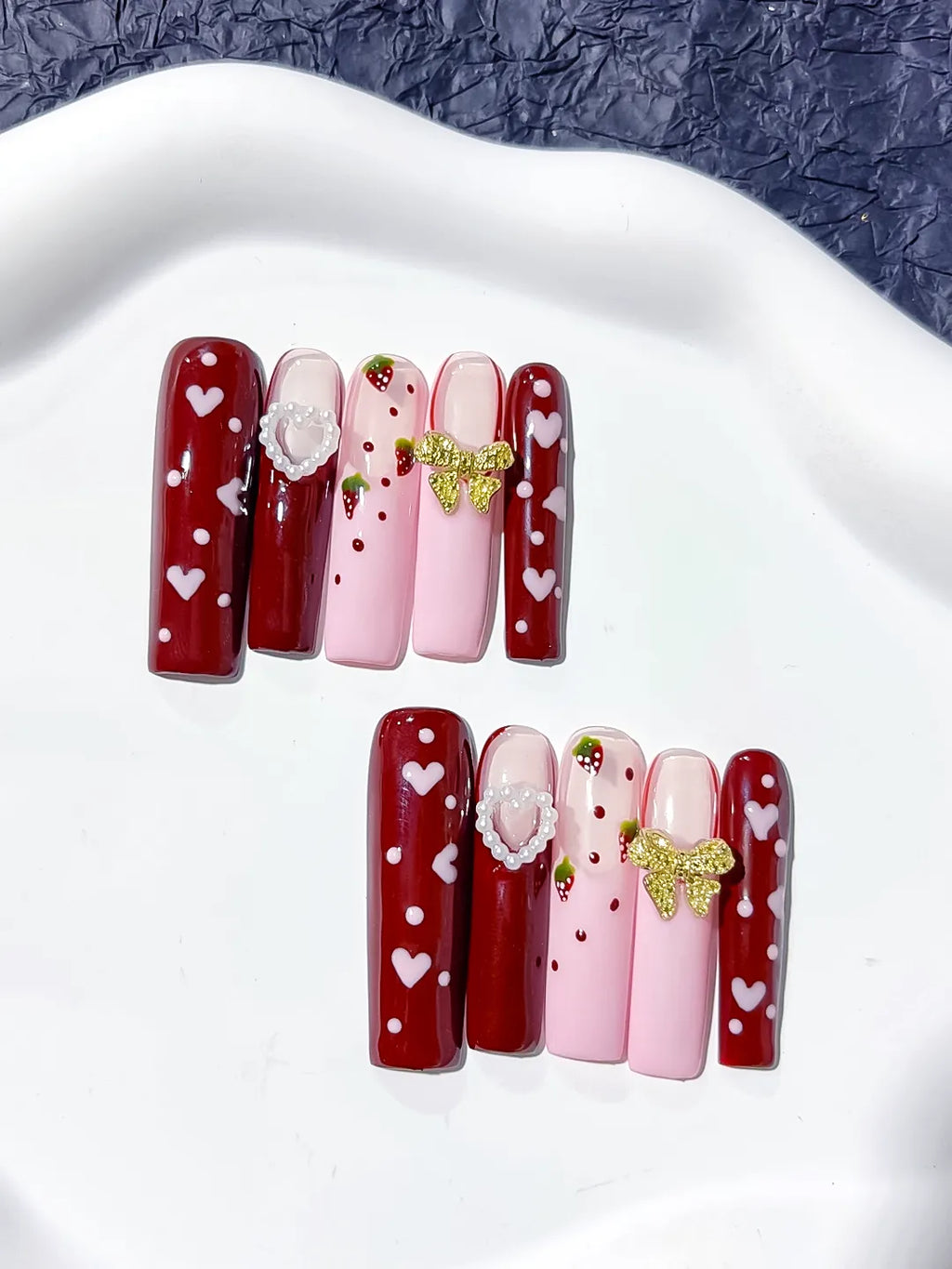 Red Pink White Gold Green Floral Heart Strawberry Bow Pearl 3D press on nails detail view