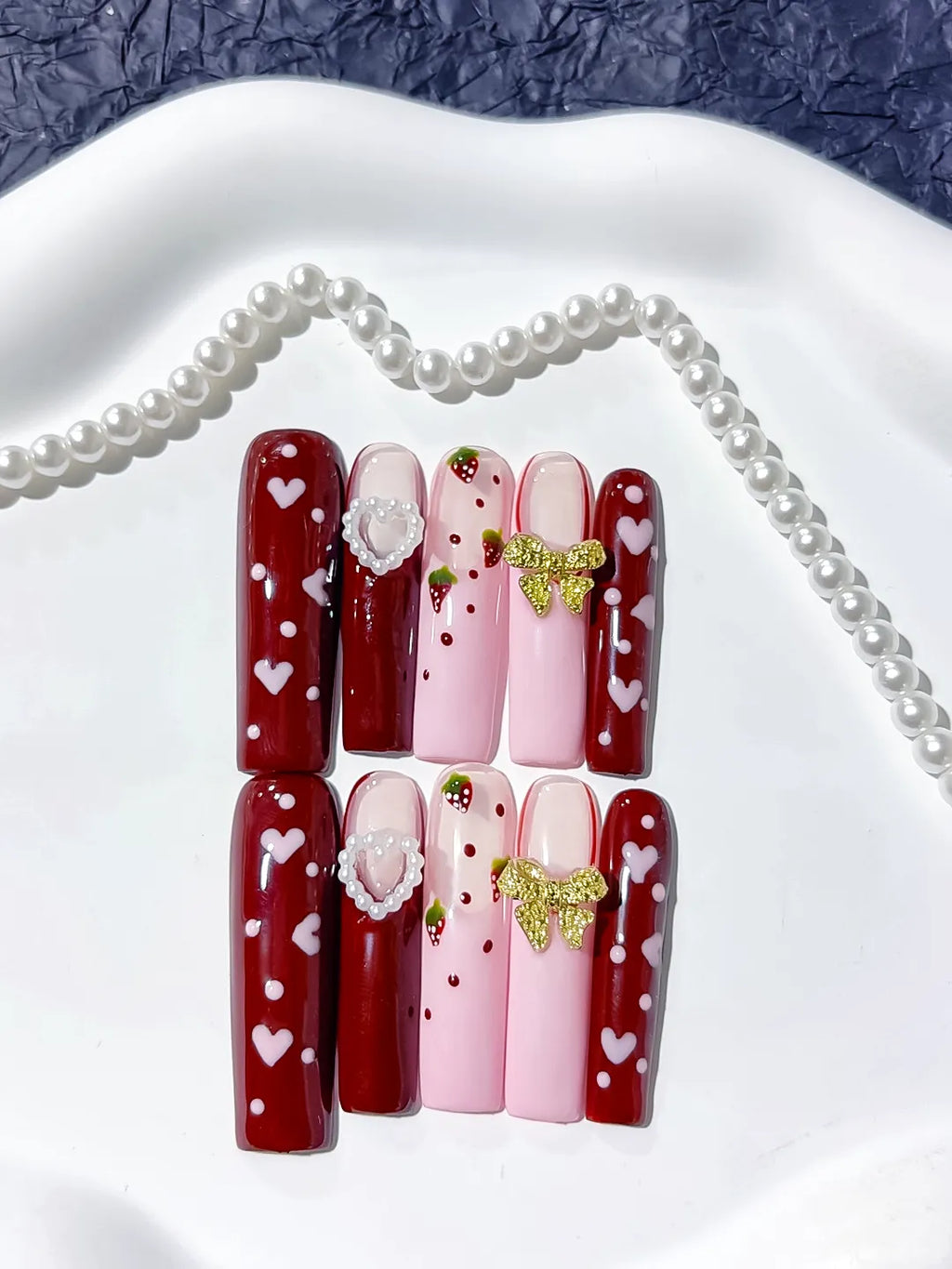Red Pink White Gold Green Floral Heart Strawberry Bow Pearl 3D press on nails detail view