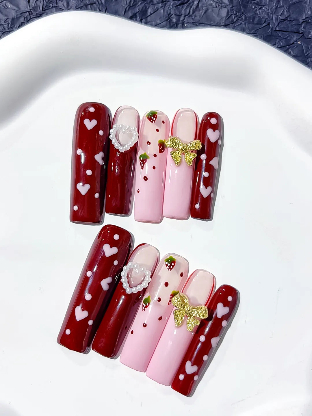 Red Pink White Gold Green Floral Heart Strawberry Bow Pearl 3D press on nails detail view