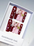 Red Pink White Gold Green Floral Heart Strawberry Bow Pearl 3D press on nails