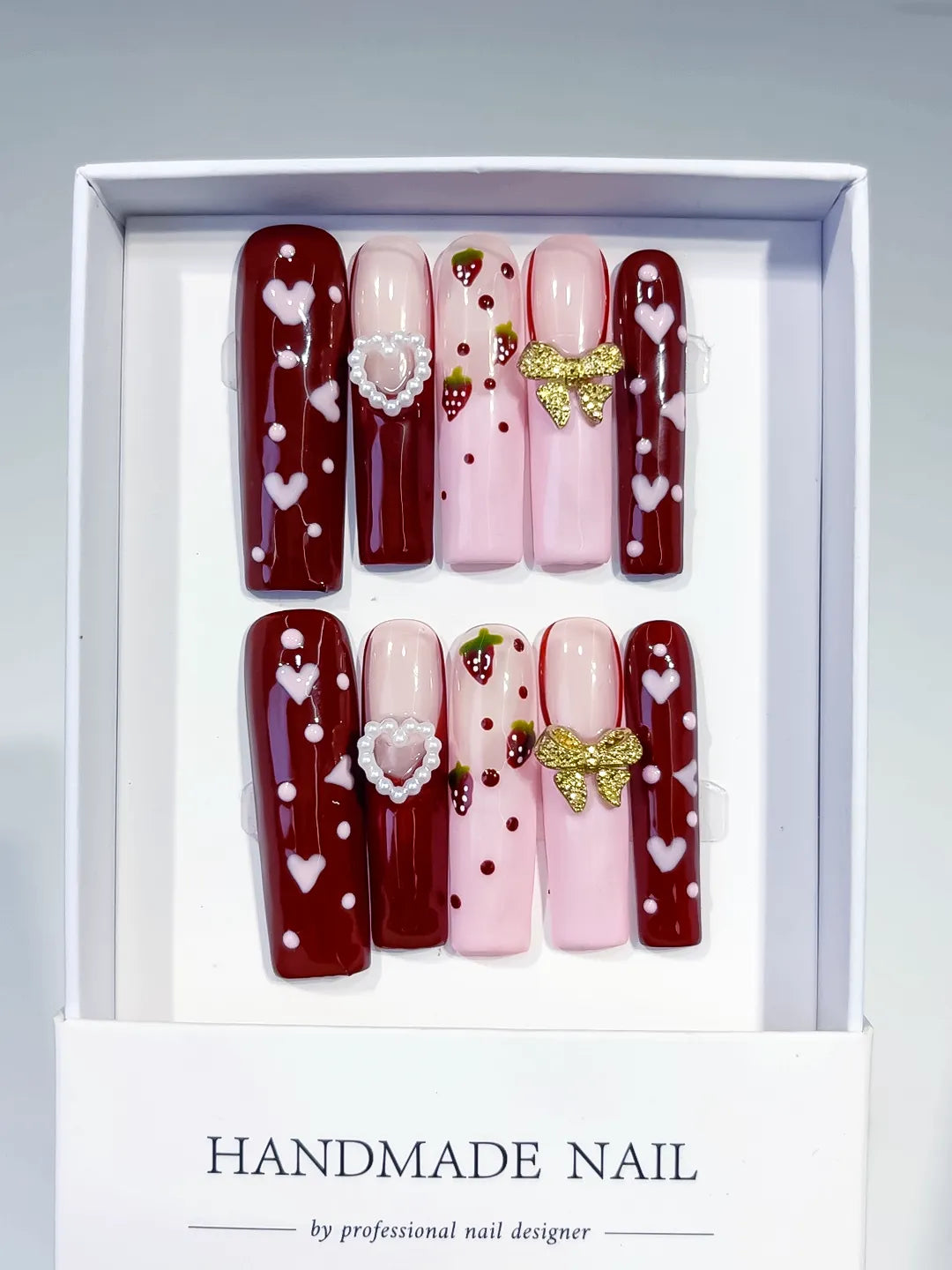 Red Pink White Gold Green Floral Heart Strawberry Bow Pearl 3D press on nails full set view