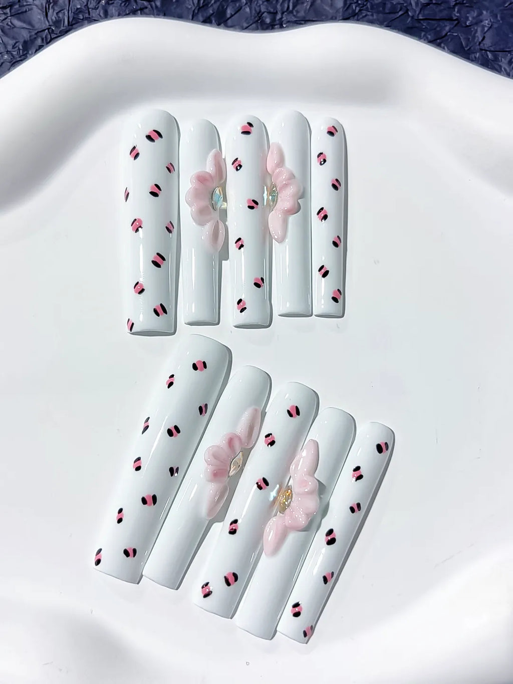 White Pink Black Abstract Bow 3D press on nails close up