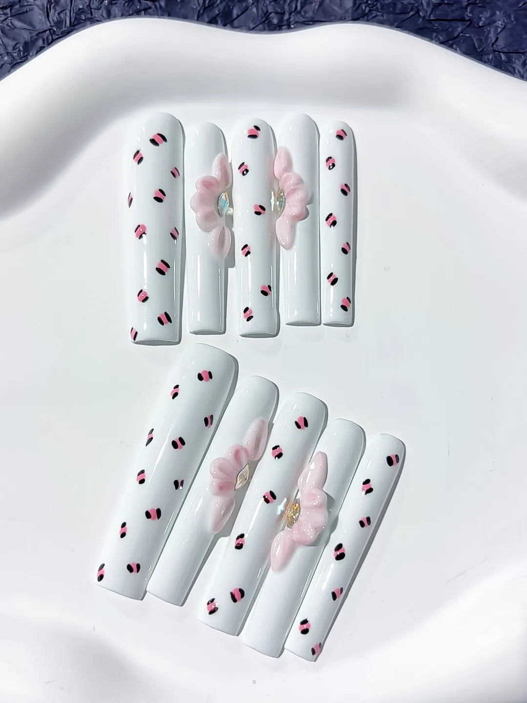 White Pink Black Abstract Bow 3D press on nails close up