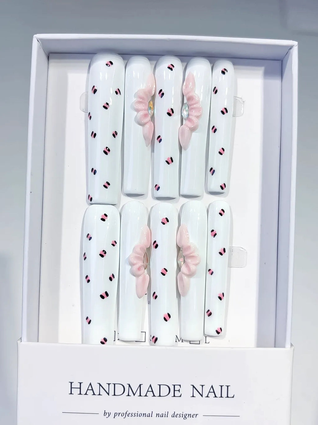 White Pink Black Abstract Bow 3D press on nails full set view