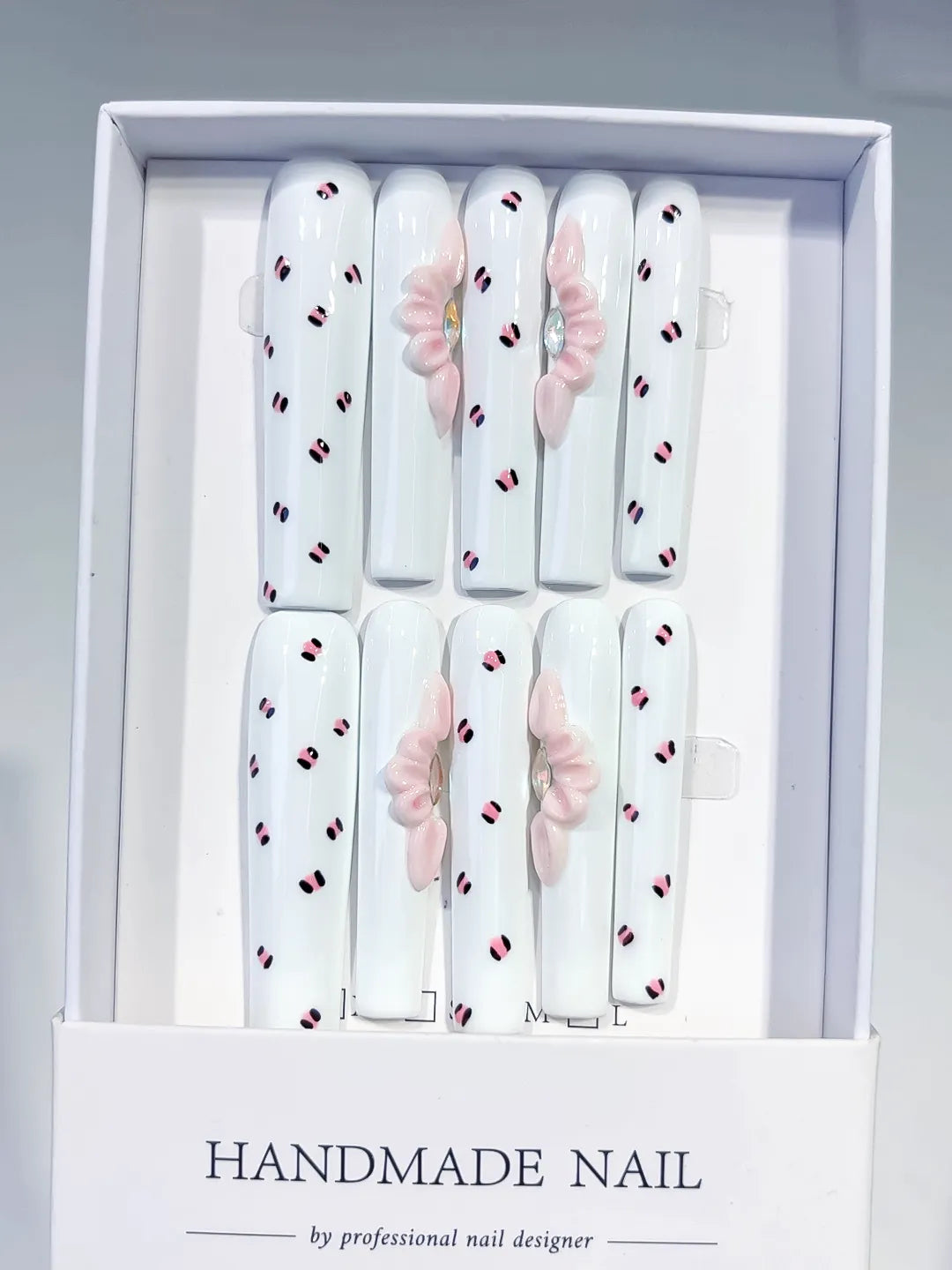 White Pink Black Abstract Bow 3D press on nails full set view