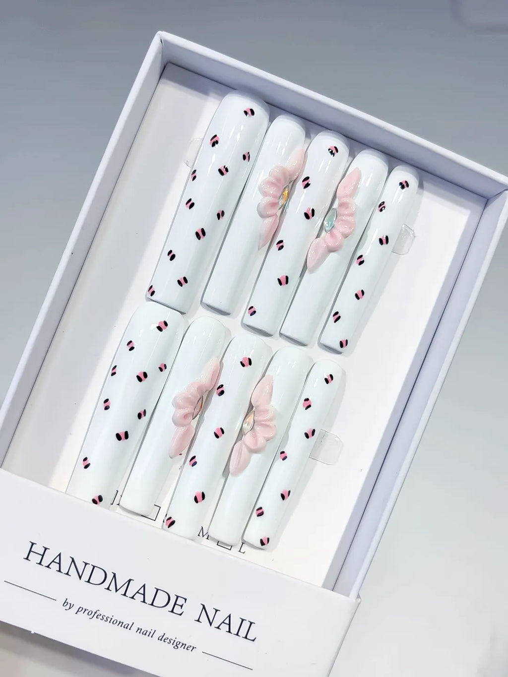 White Pink Black Abstract Bow 3D press on nails