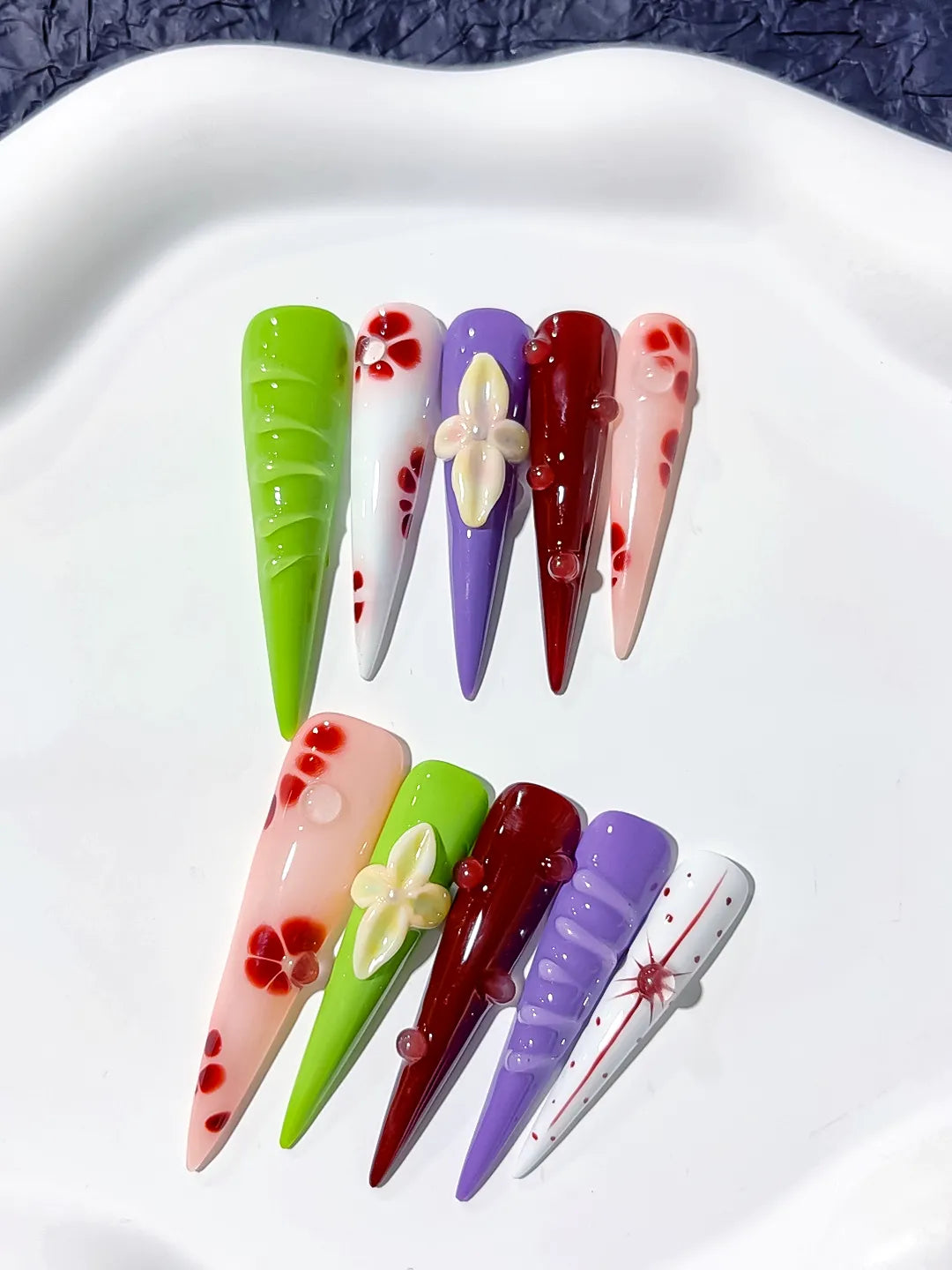 Green White Purple Red Pink Abstract Flower Bow 3D press on nails close up