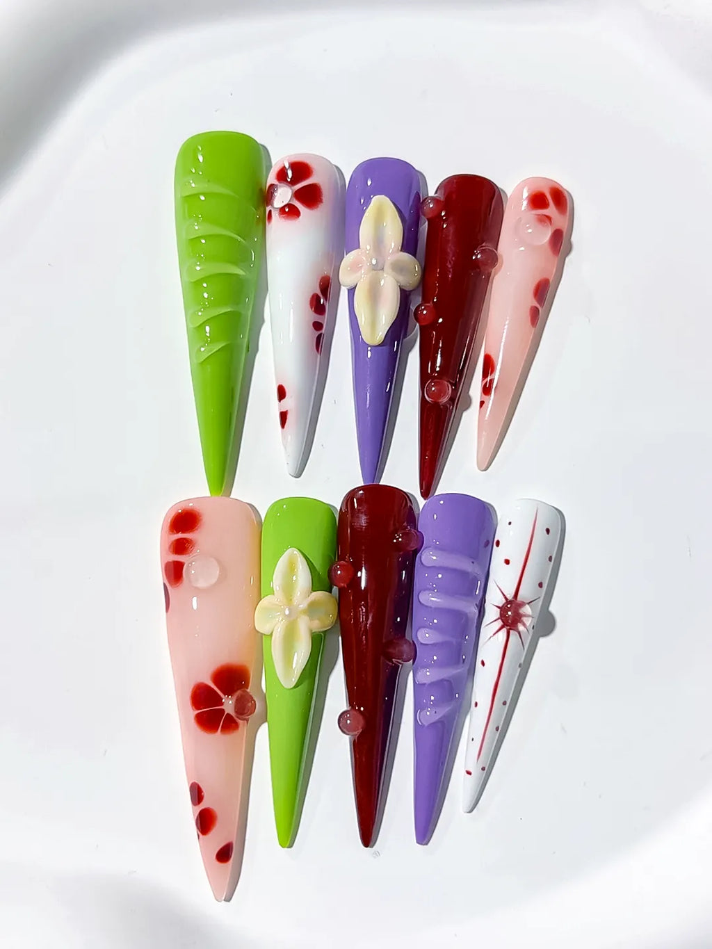 Green White Purple Red Pink Abstract Flower Bow 3D press on nails detail view
