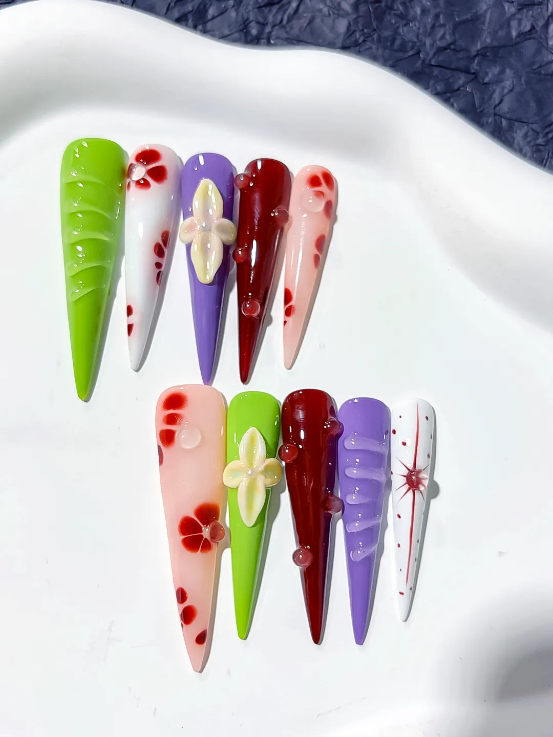 Green White Purple Red Pink Abstract Flower Bow 3D press on nails detail view