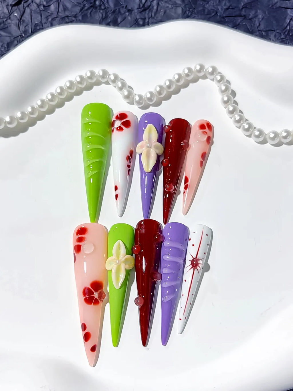 Green White Purple Red Pink Abstract Flower Bow 3D press on nails detail view