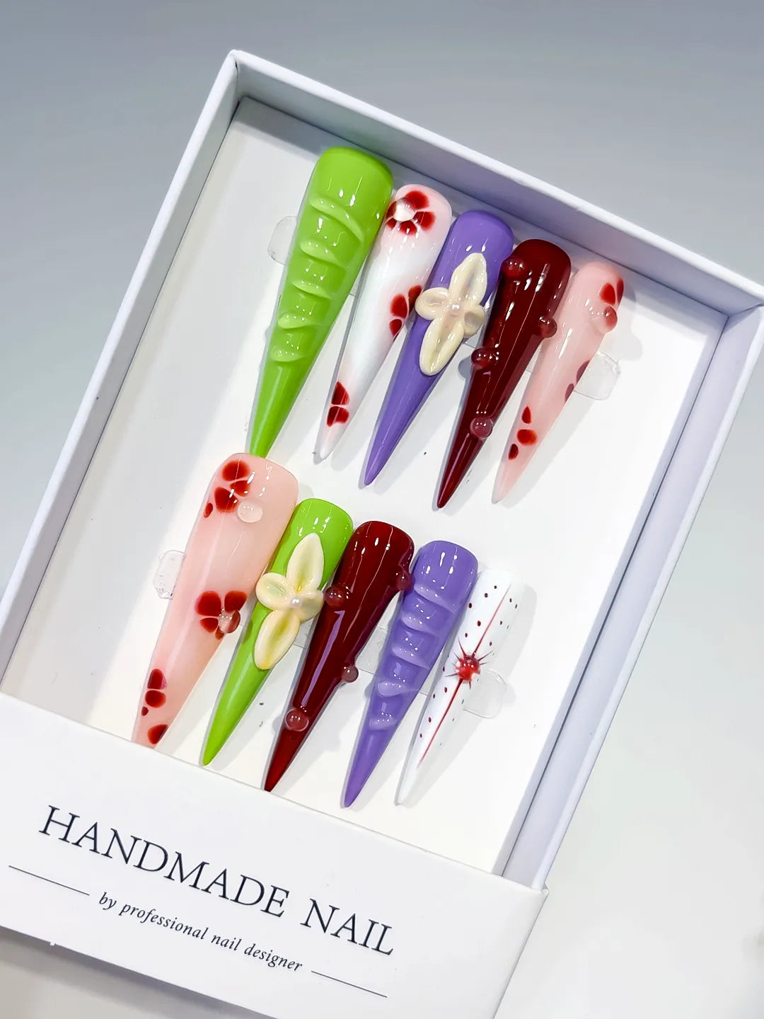 Green White Purple Red Pink Abstract Flower Bow 3D press on nails