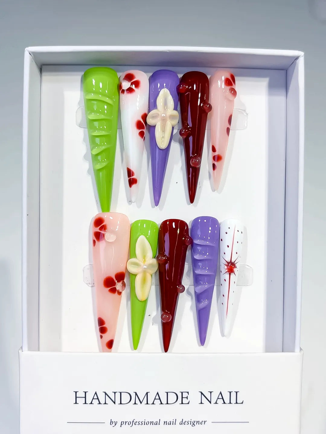 Green White Purple Red Pink Abstract Flower Bow 3D press on nails full set view