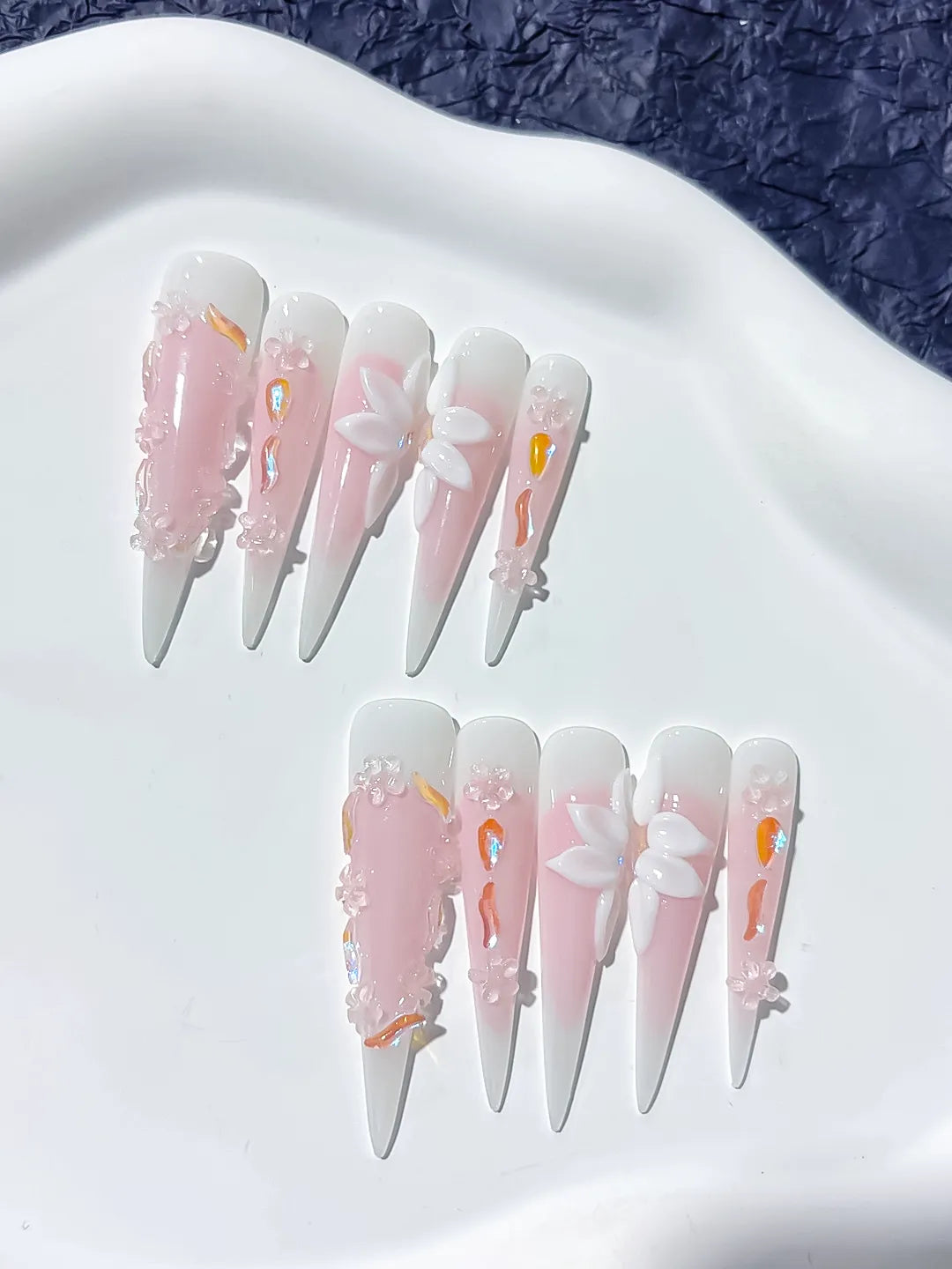 Pink White Orange Ombre Flower 3D press on nails close up