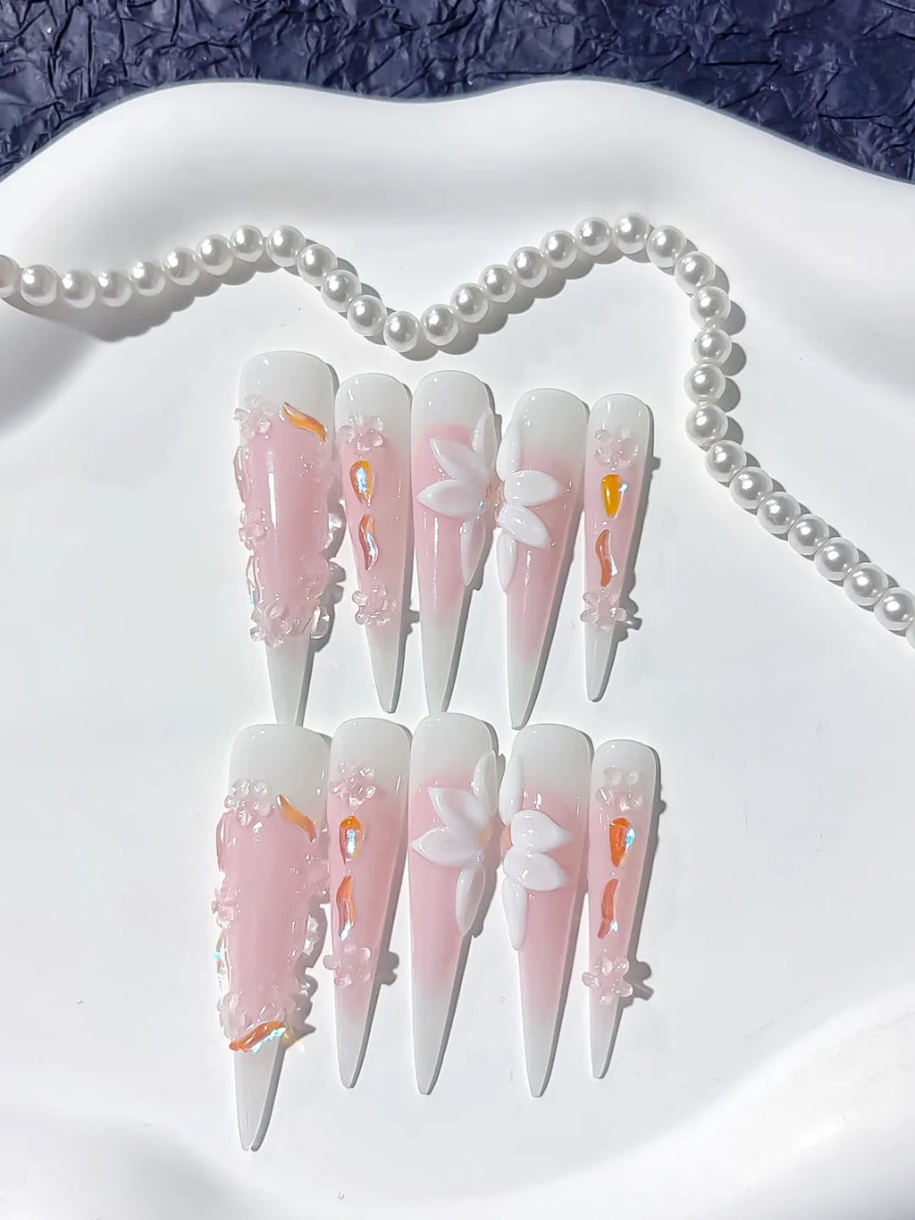 Pink White Orange Ombre Flower 3D press on nails detail view