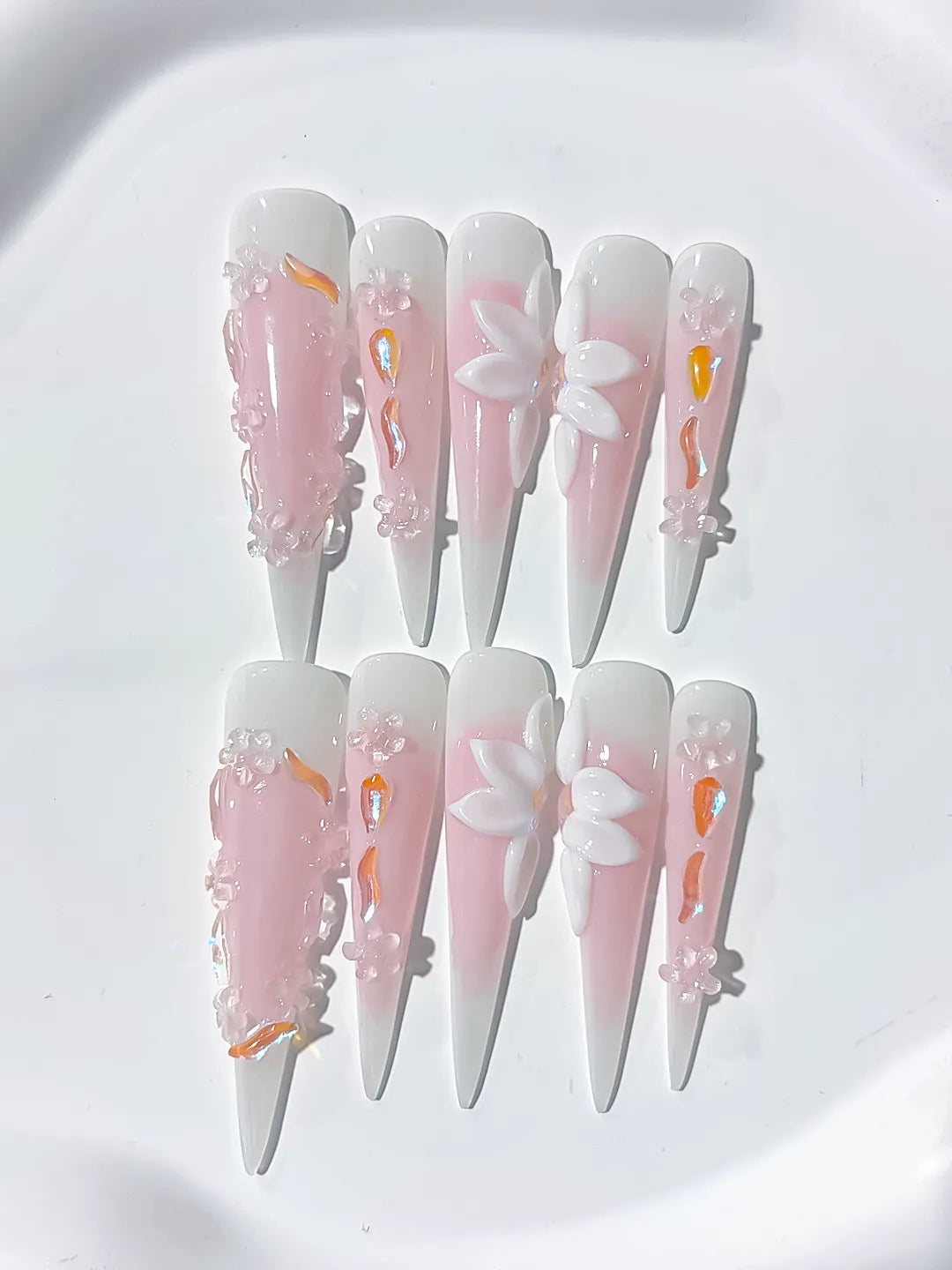 Pink White Orange Ombre Flower 3D press on nails detail view