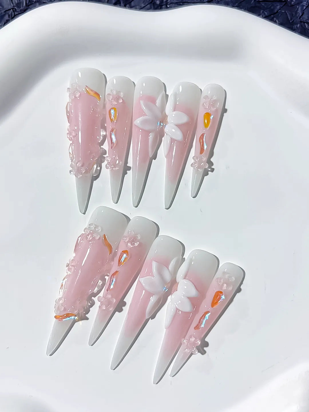 Pink White Orange Ombre Flower 3D press on nails detail view