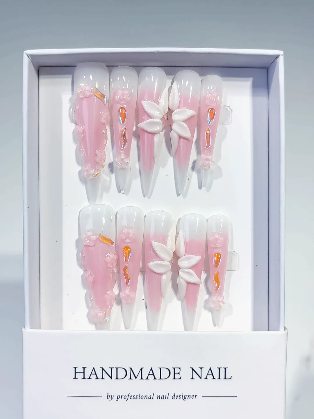 Pink White Orange Ombre Flower 3D press on nails full set view