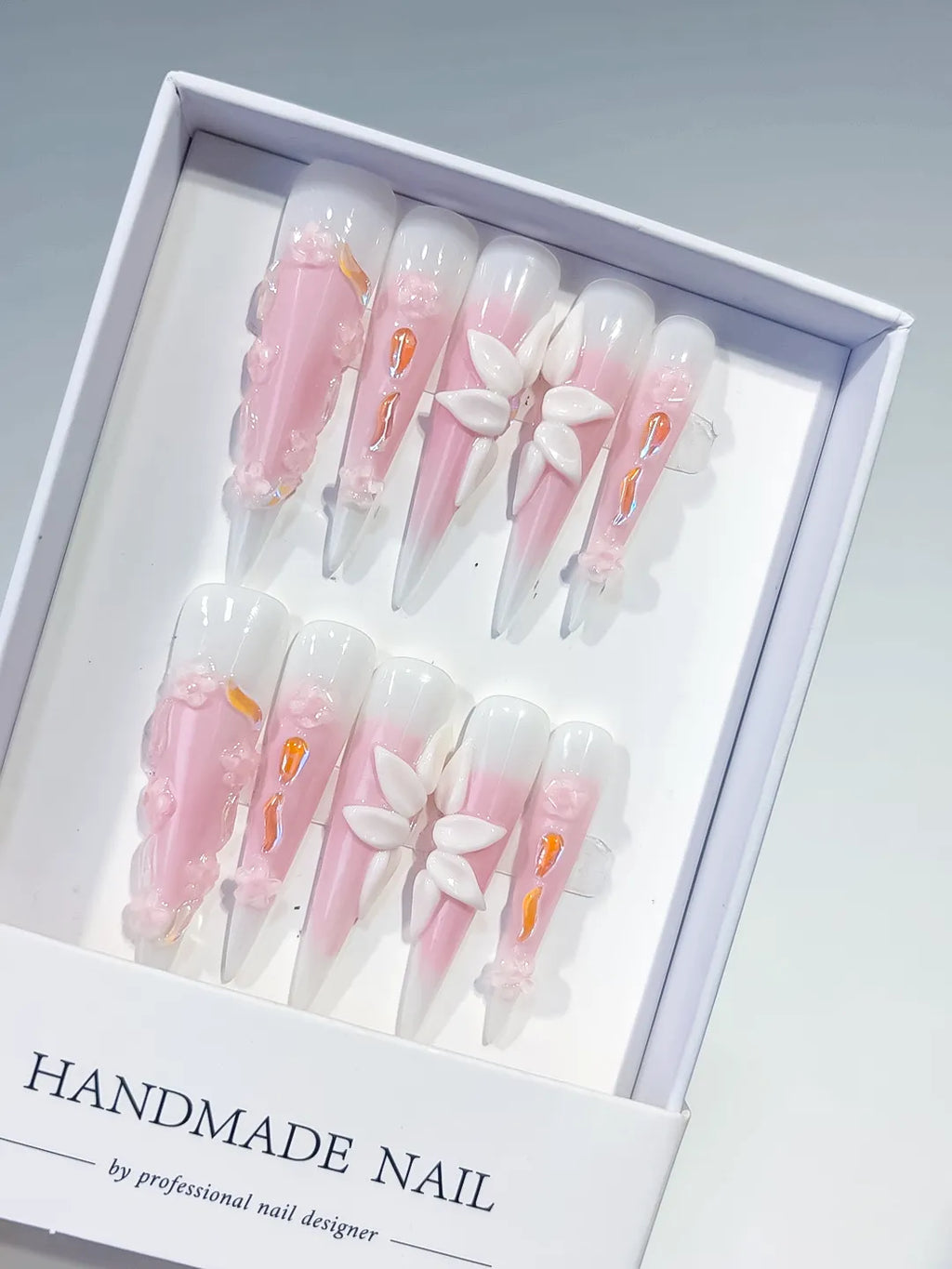 Pink White Orange Ombre Flower 3D press on nails
