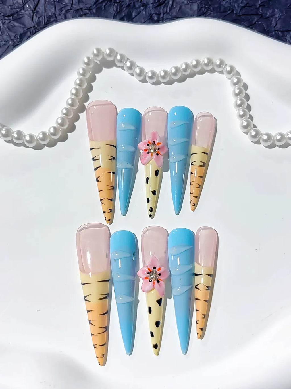 Nude Blue Yellow Black Pink Abstract Flower Animal Print Rhinestone press on nails close up