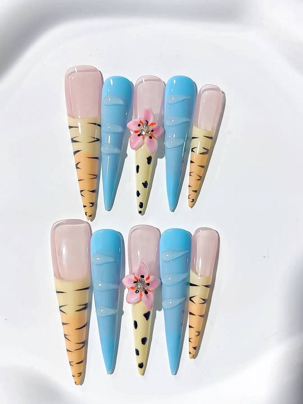 Nude Blue Yellow Black Pink Abstract Flower Animal Print Rhinestone press on nails detail view