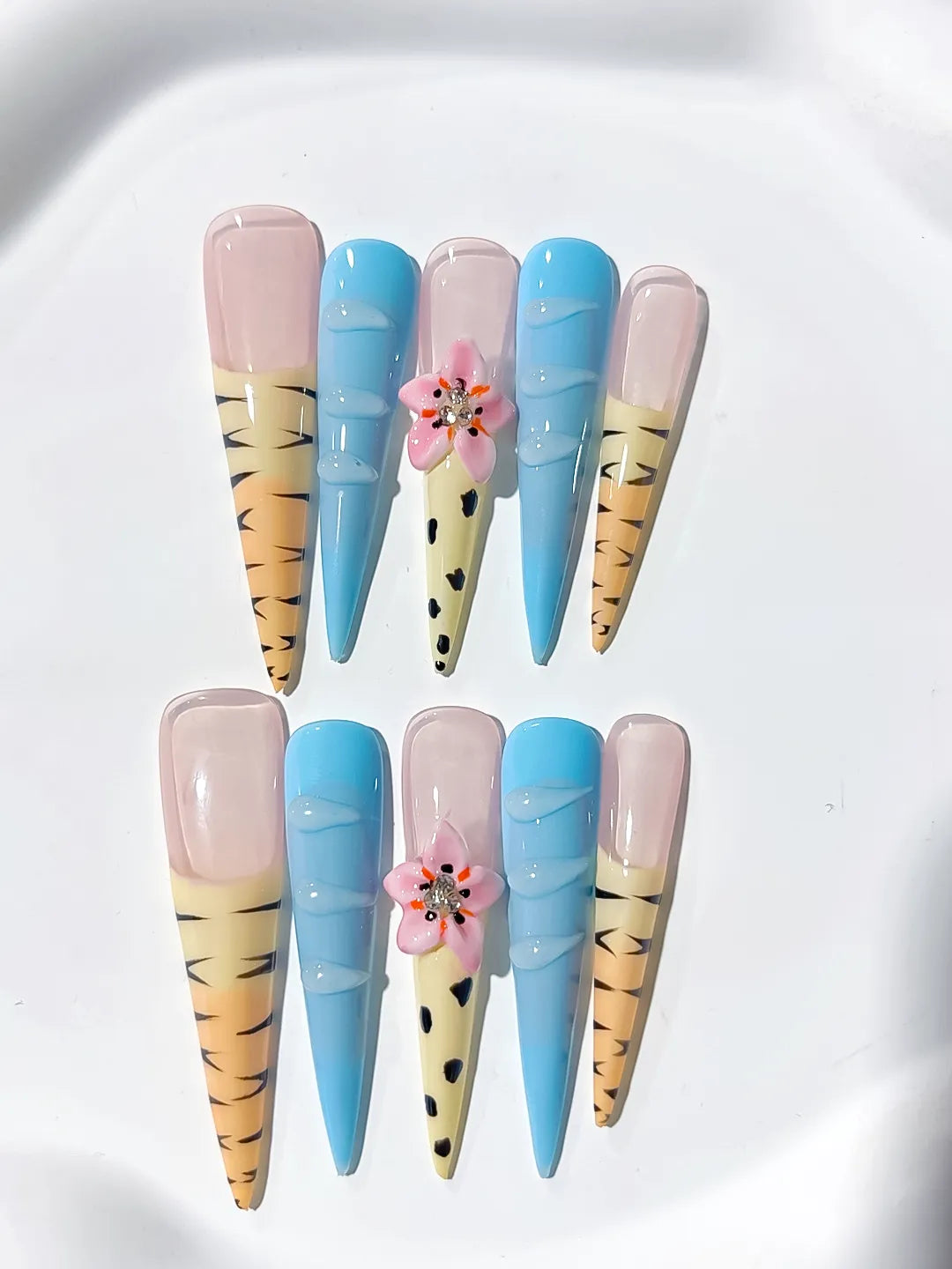 Nude Blue Yellow Black Pink Abstract Flower Animal Print Rhinestone press on nails detail view