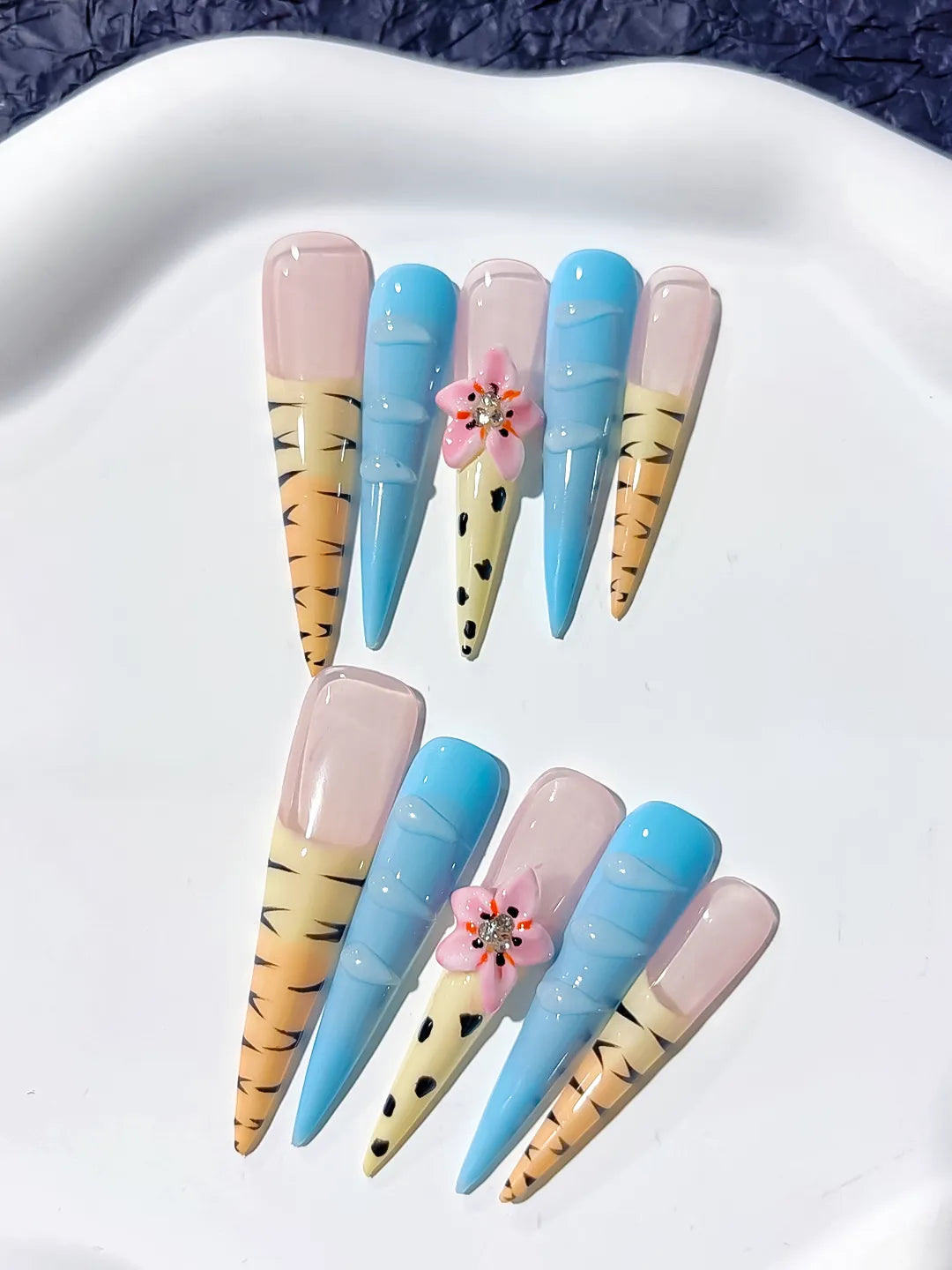Nude Blue Yellow Black Pink Abstract Flower Animal Print Rhinestone press on nails detail view