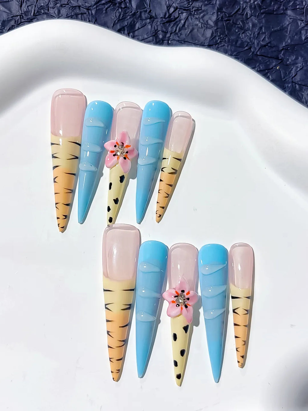 Nude Blue Yellow Black Pink Abstract Flower Animal Print Rhinestone press on nails detail view