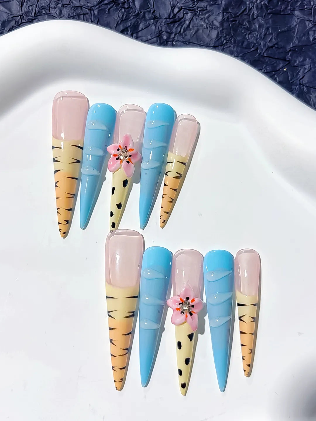 Nude Blue Yellow Black Pink Abstract Flower Animal Print Rhinestone press on nails detail view