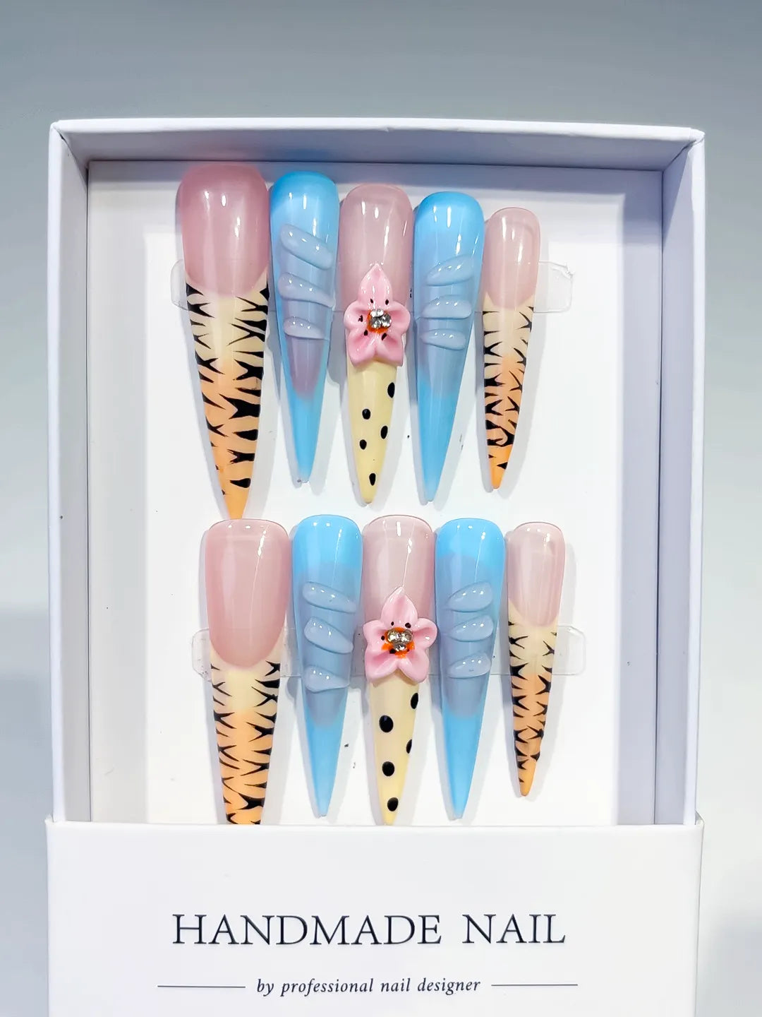 Nude Blue Yellow Black Pink Abstract Flower Animal Print Rhinestone press on nails full set view