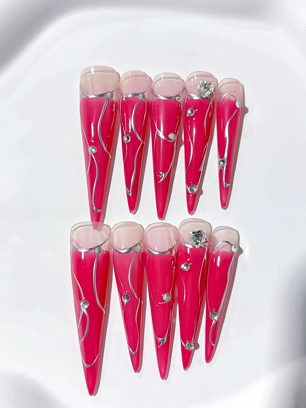 Pink Nude Silver Ombre Metal Line Rhinestone press on nails detail view