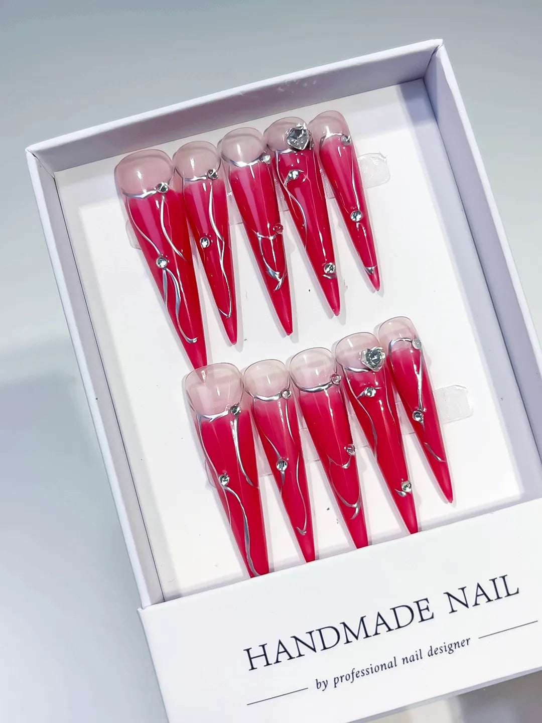 Pink Nude Silver Ombre Metal Line Rhinestone press on nails angled view