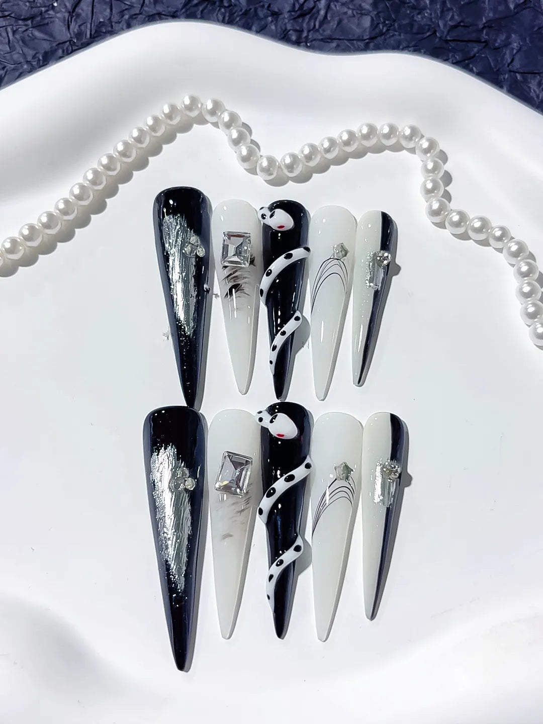 Black White Silver Blue Abstract Rhinestone Metallic Accent 3D press on nails close up