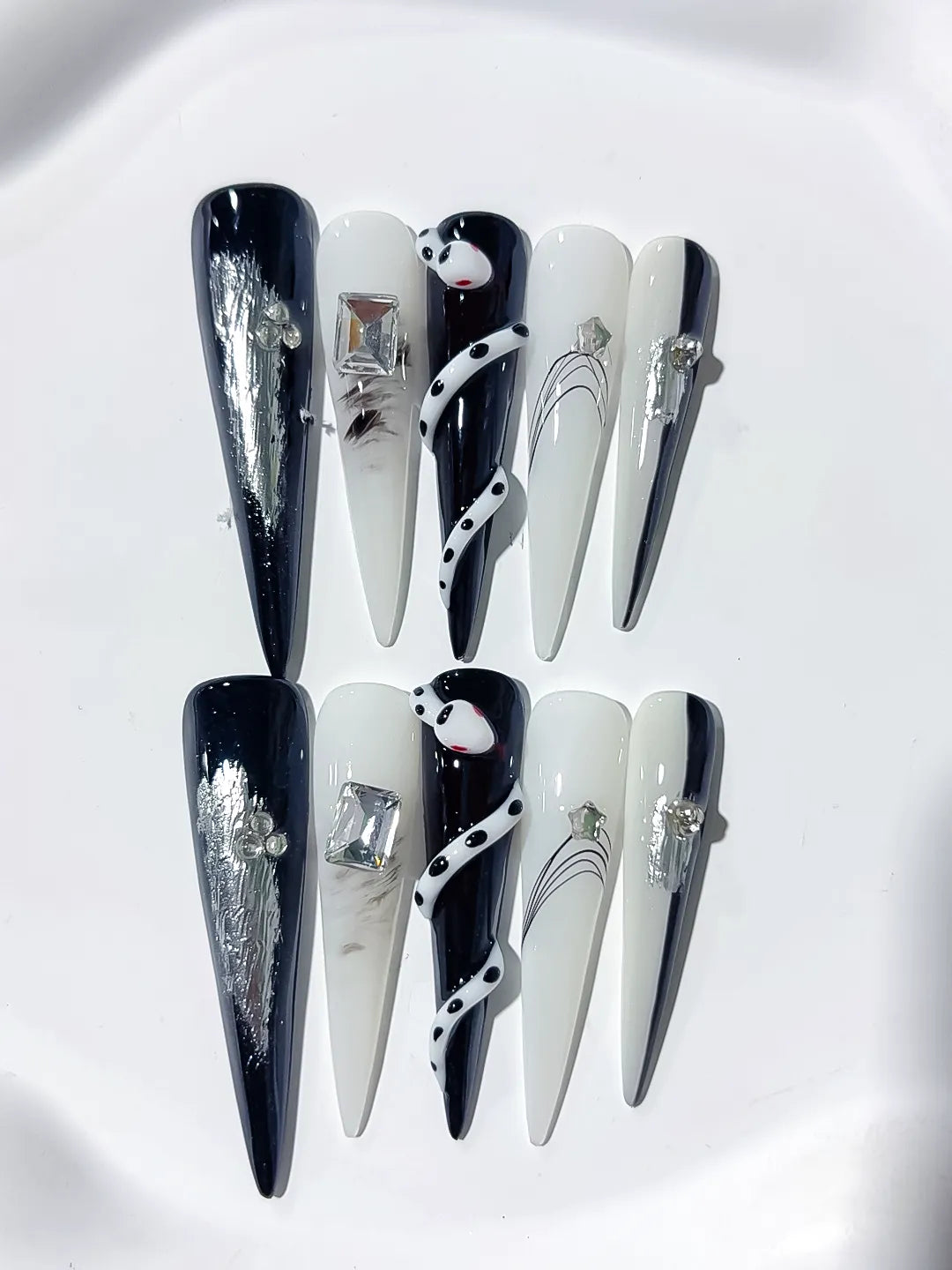 Black White Silver Blue Abstract Rhinestone Metallic Accent 3D press on nails detail view
