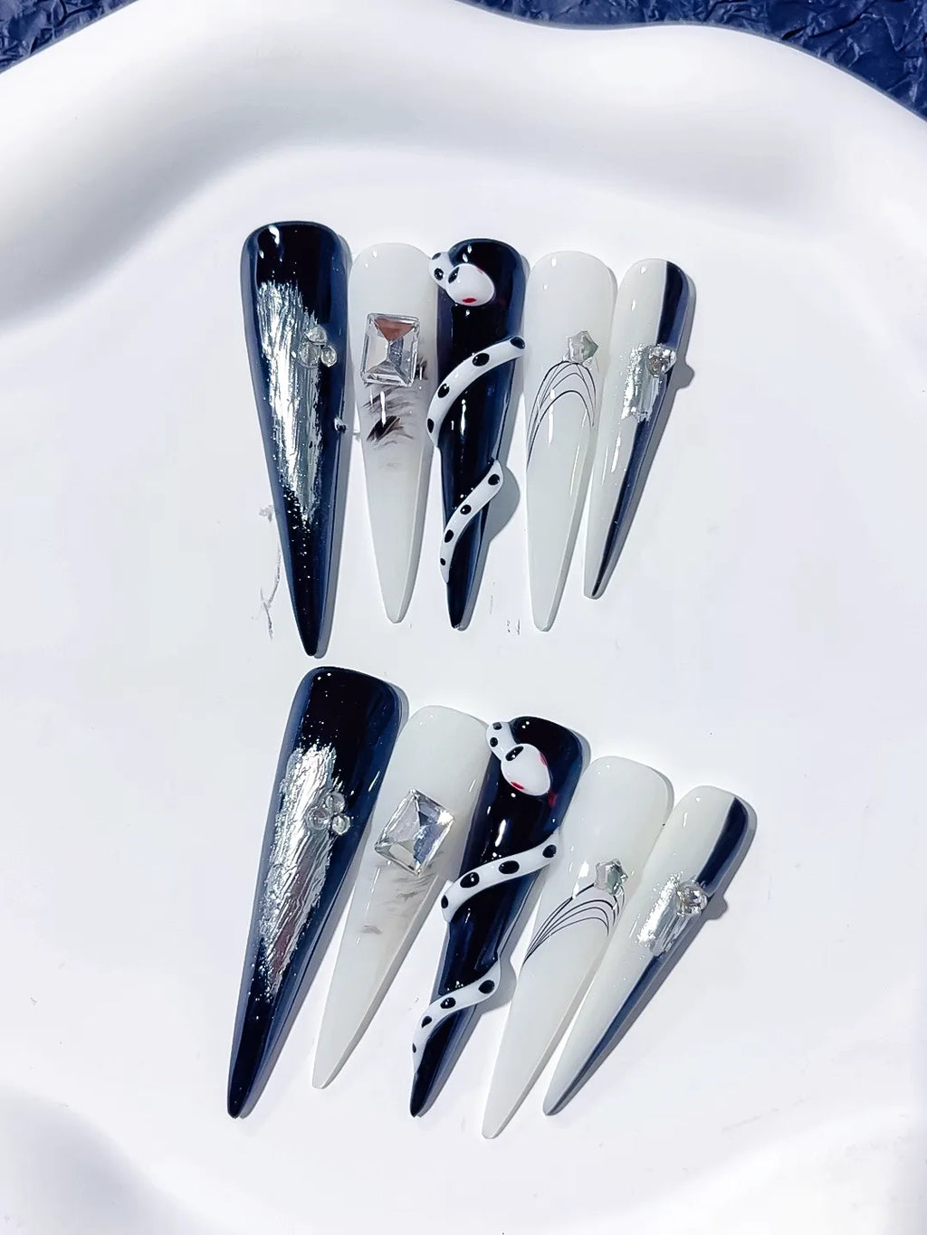 Black White Silver Blue Abstract Rhinestone Metallic Accent 3D press on nails detail view