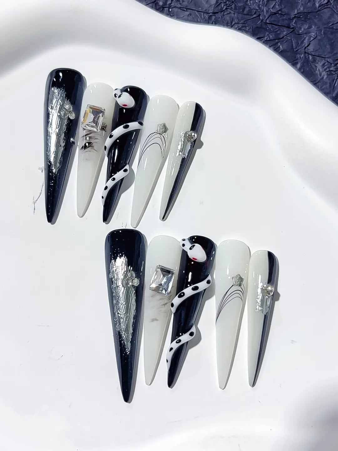 Black White Silver Blue Abstract Rhinestone Metallic Accent 3D press on nails detail view