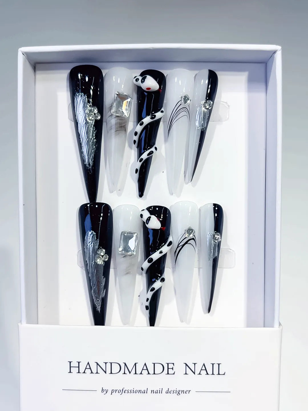 Black White Silver Blue Abstract Rhinestone Metallic Accent 3D press on nails full set view