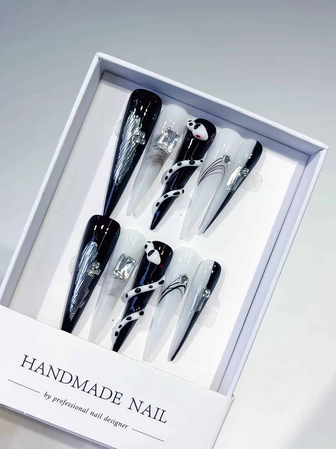 Black White Silver Blue Abstract Rhinestone Metallic Accent 3D press on nails