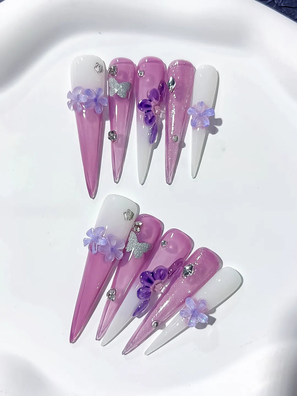 Purple Pink White Silver Glitter Flower Butterfly Rhinestone 3D press on nails close up