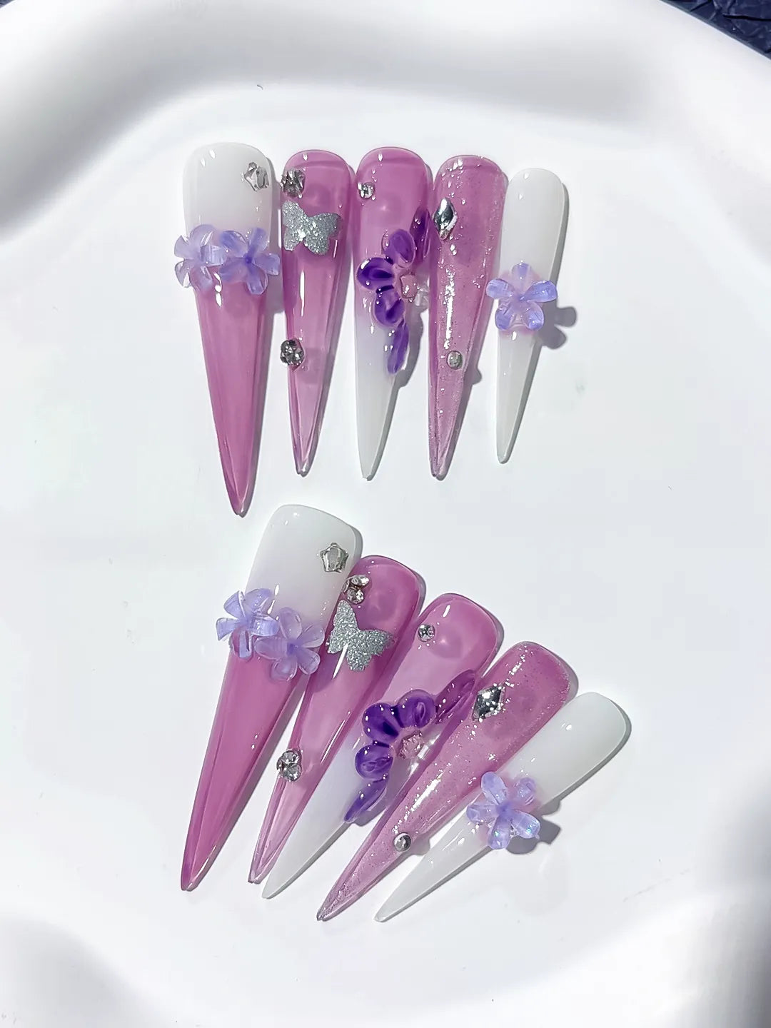 Purple Pink White Silver Glitter Flower Butterfly Rhinestone 3D press on nails close up