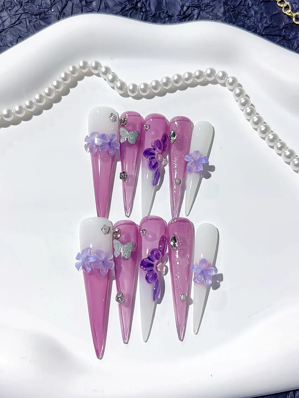 Purple Pink White Silver Glitter Flower Butterfly Rhinestone 3D press on nails detail view