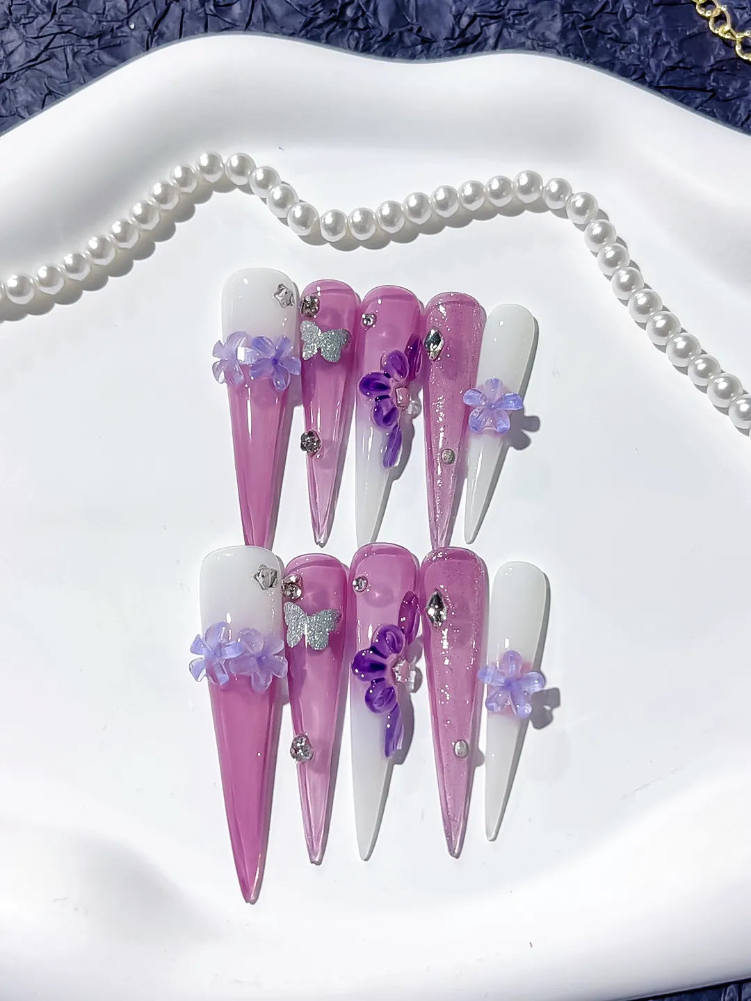 Purple Pink White Silver Glitter Flower Butterfly Rhinestone 3D press on nails detail view