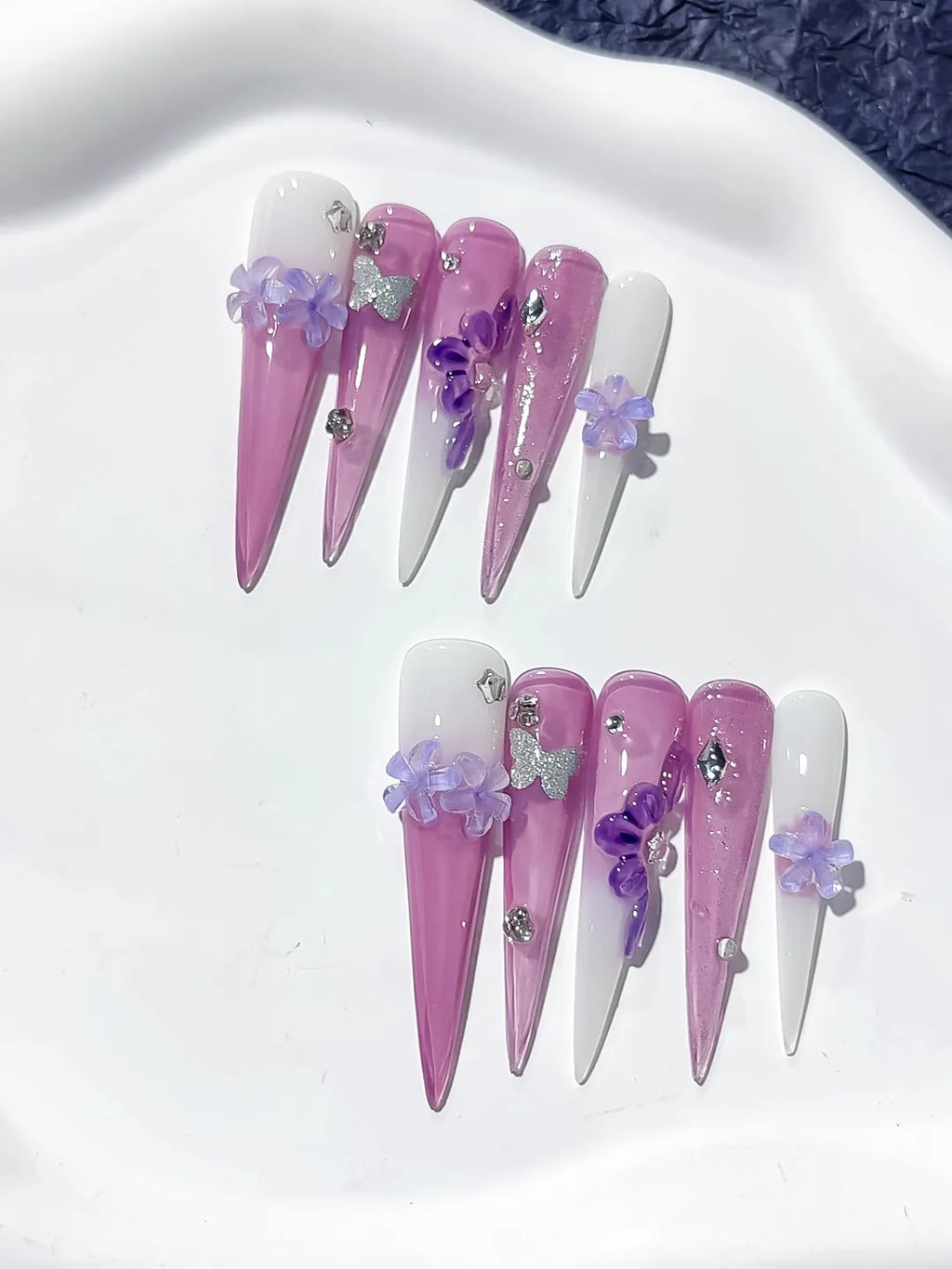 Purple Pink White Silver Glitter Flower Butterfly Rhinestone 3D press on nails detail view