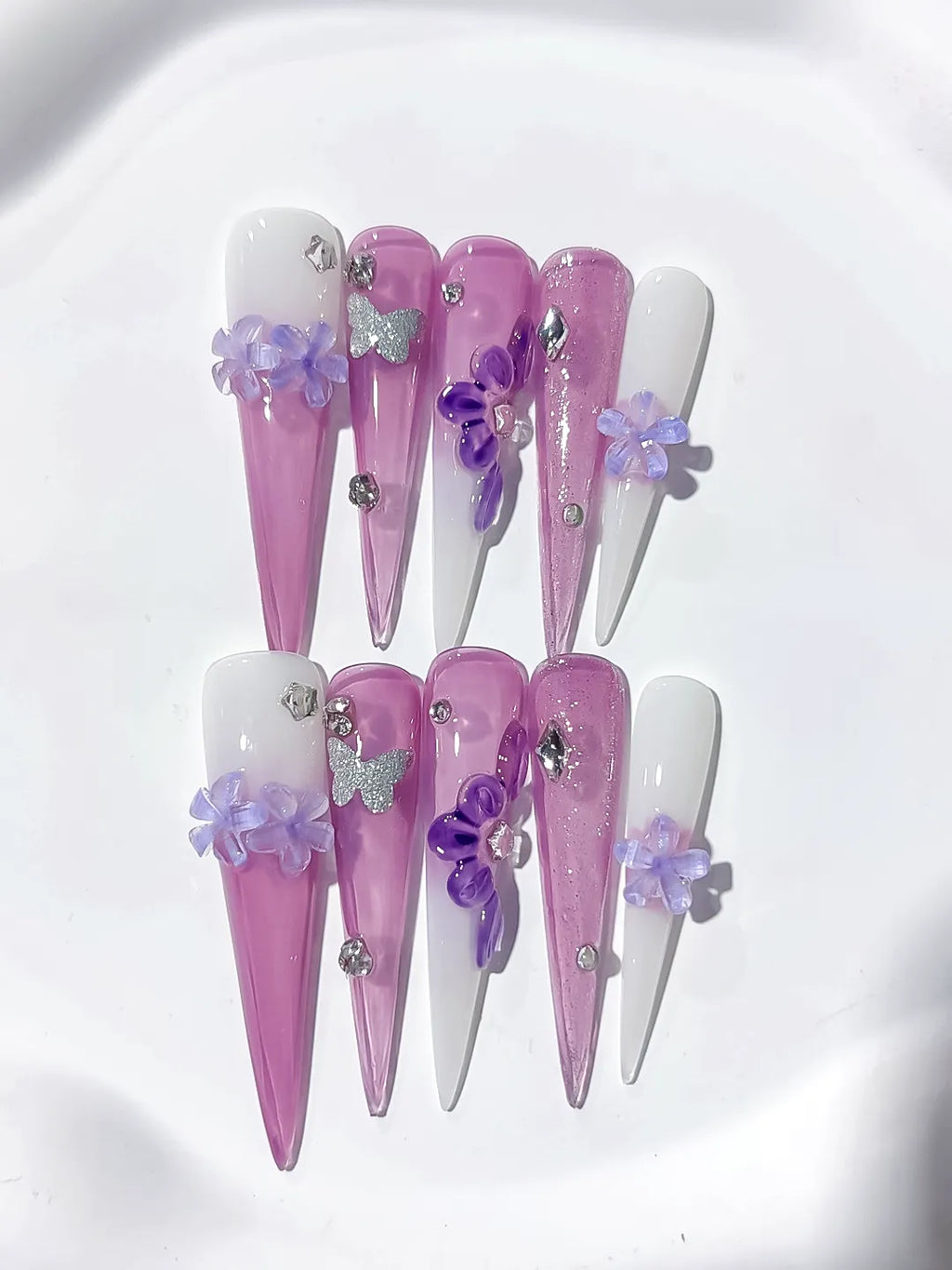 Purple Pink White Silver Glitter Flower Butterfly Rhinestone 3D press on nails detail view