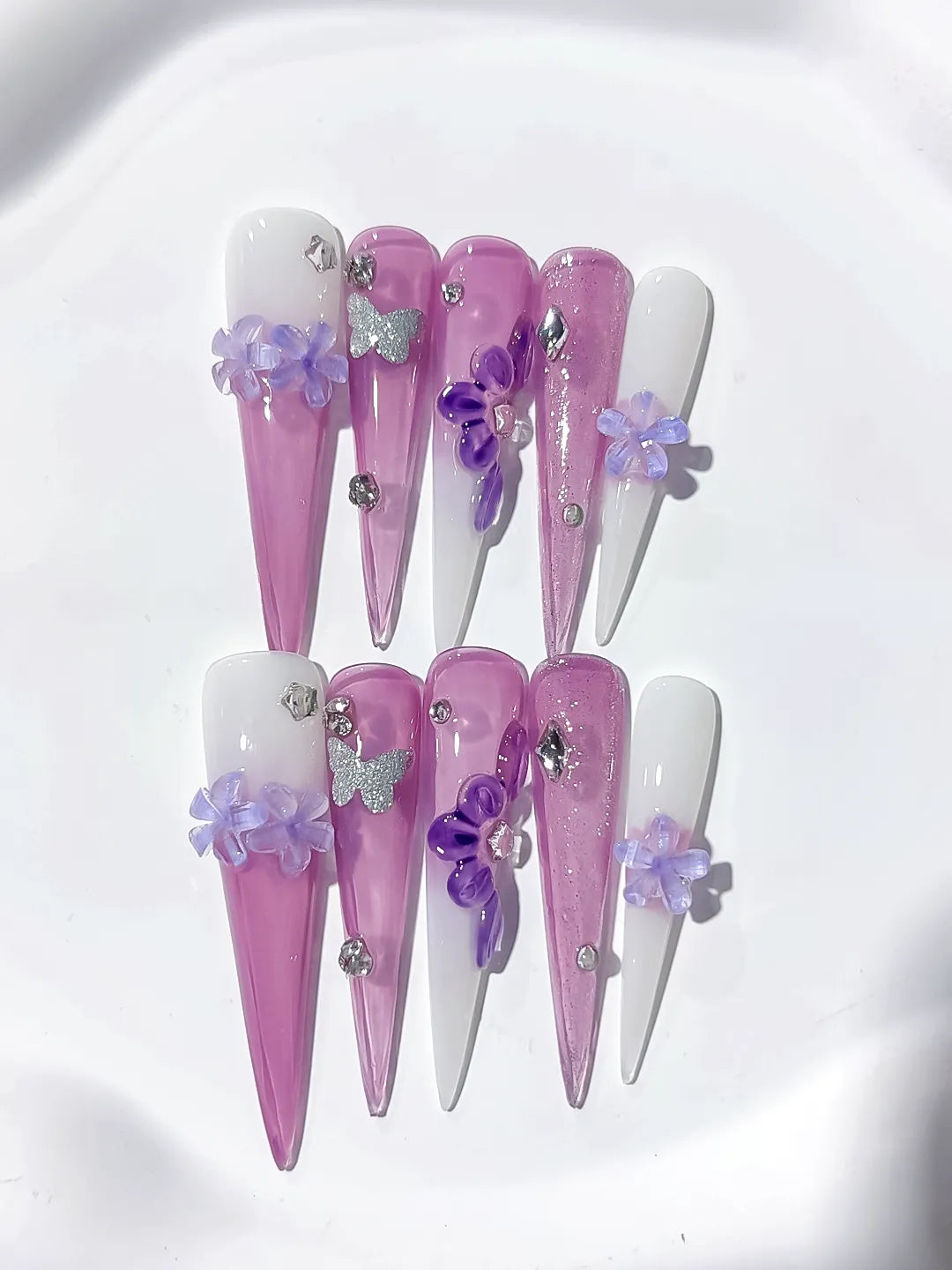 Purple Pink White Silver Glitter Flower Butterfly Rhinestone 3D press on nails detail view