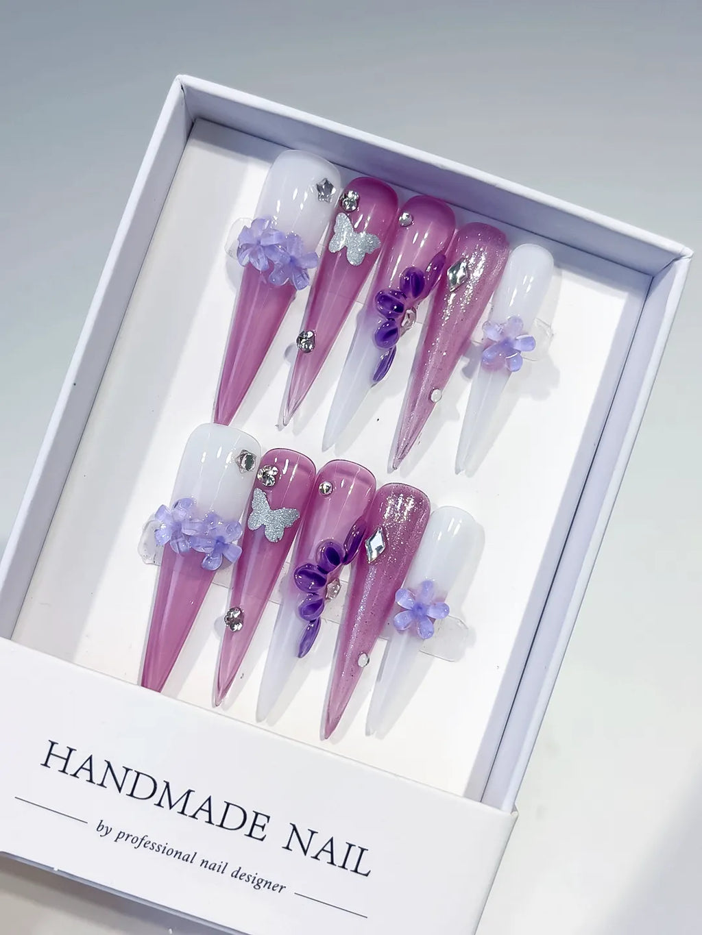 Purple Pink White Silver Glitter Flower Butterfly Rhinestone 3D press on nails