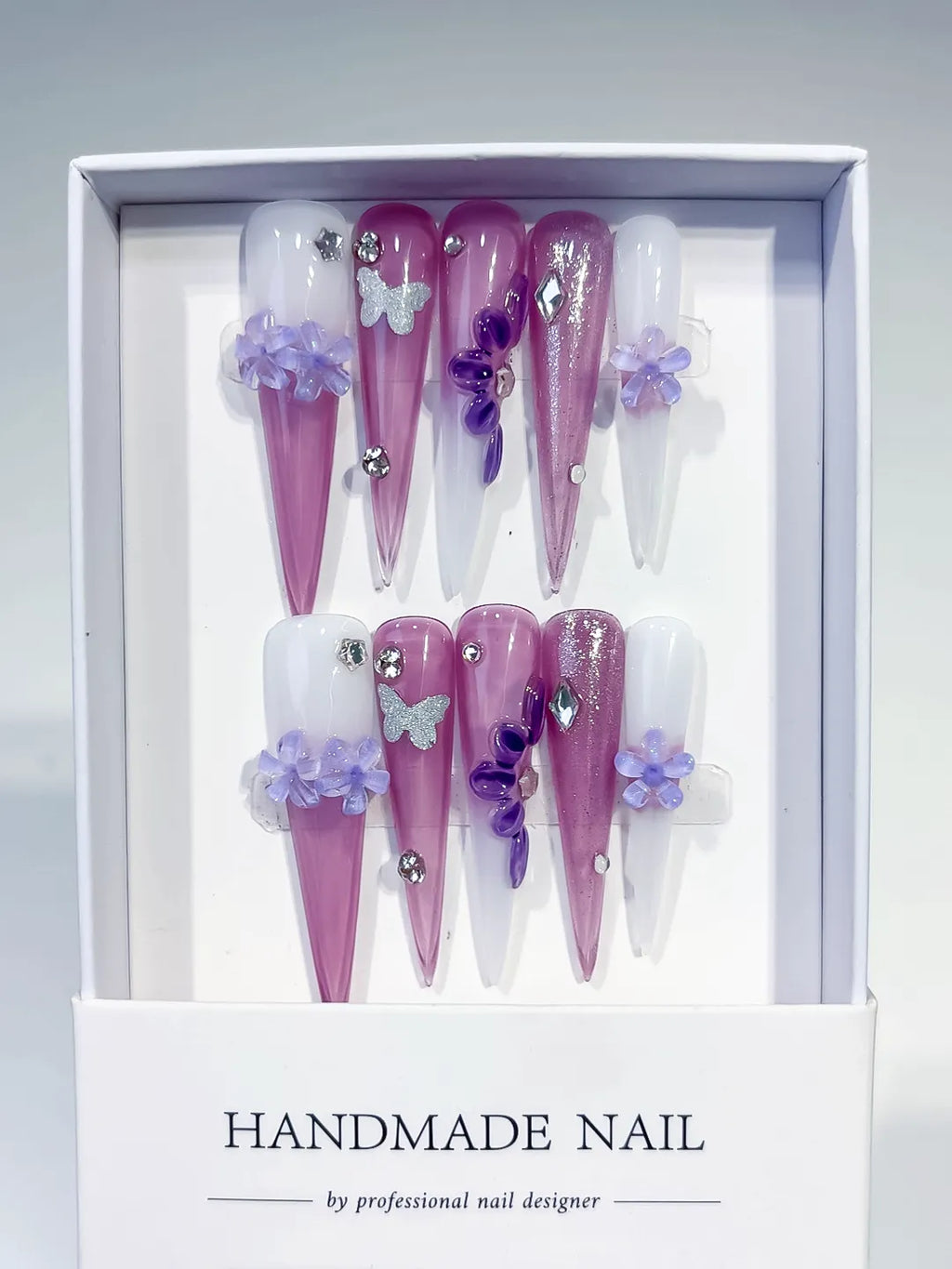 Purple Pink White Silver Glitter Flower Butterfly Rhinestone 3D press on nails full set view