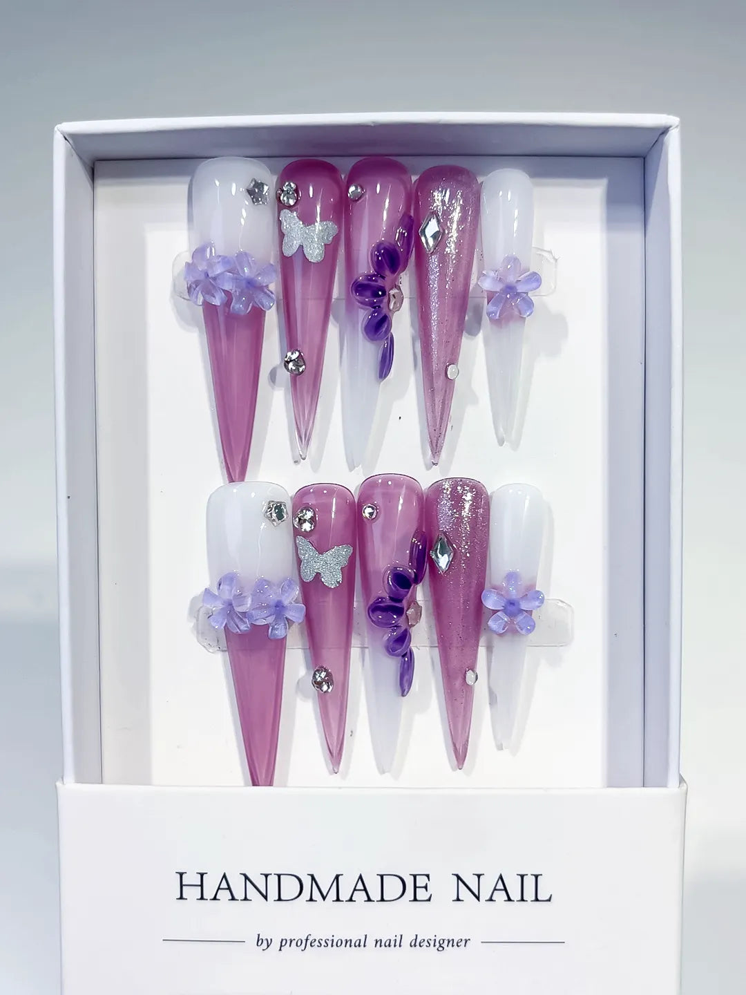 Purple Pink White Silver Glitter Flower Butterfly Rhinestone 3D press on nails full set view