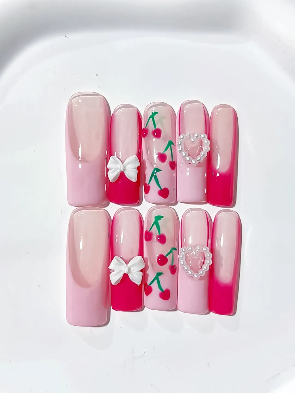 Pink White Red Green Floral Cherry Bow Heart 3D press on nails close up